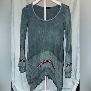 Acid Washed Teal Scoop-Neck Tunic with Embroidered Accents